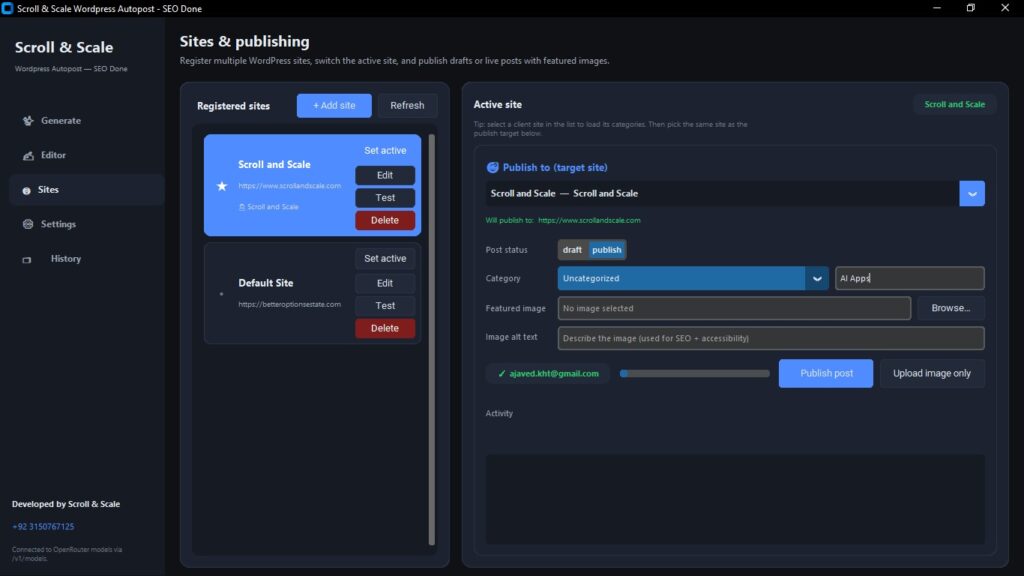 SEO WordPress Autopost application interface